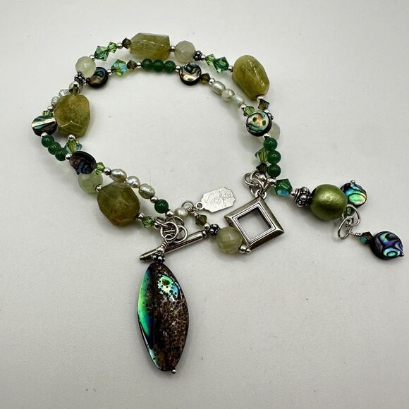 8" Tres Jolie double stranded, Pearl, Stone, abalone shell bracelet in 925! - Picture 4 of 13